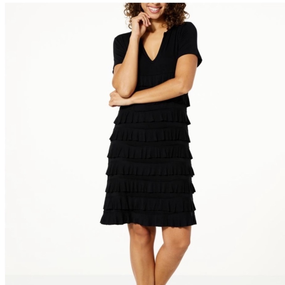 Colleen Lopez Black Tiered Ruffle Knit Dress Short Sleeve V-Neck Plus Size 1X